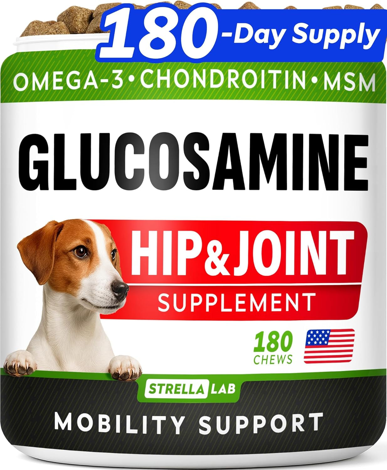 Glucosamine Treats for Dogs - Joint Supplement W/Omega-3 Fish Oil - Chondroitin, MSM - Advanced Mobility Chews - Joint Pain Relief - Hip & Joint Care - Chicken Flavor - 180 Ct - Made in USA