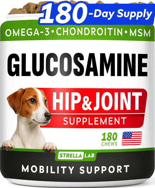 Glucosamine Treats for Dogs - Joint Supplement W/Omega-3 Fish Oil - Chondroitin, MSM - Advanced Mobility Chews - Joint Pain Relief - Hip & Joint Care - Chicken Flavor - 180 Ct - Made in USA