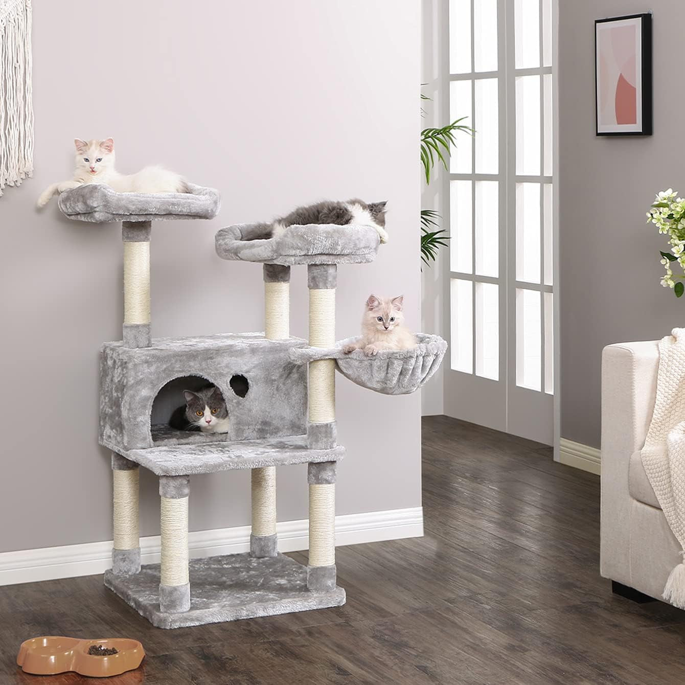 Cat Tree Cat Tower Top Plush Perches Cat Condo with Sisal Scratching Post Basket Kitty Stand Cat House Climbing Furniture MMJ52L
