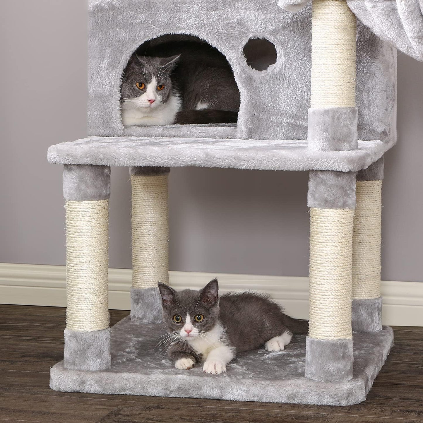Cat Tree Cat Tower Top Plush Perches Cat Condo with Sisal Scratching Post Basket Kitty Stand Cat House Climbing Furniture MMJ52L