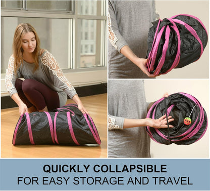 Cat Tunnel - Collapsible 3 Way Play Toy - Tube Fun for Rabbits, Kittens, and Dogs - Black/Grey