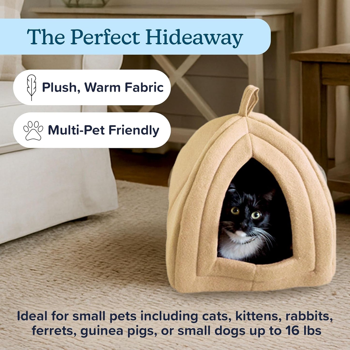 Cat House - Indoor Bed with Removable Foam Cushion - Pet Tent for Puppies, Rabbits, Guinea Pigs, Hedgehogs, and Other Small Animals by  (Tan)