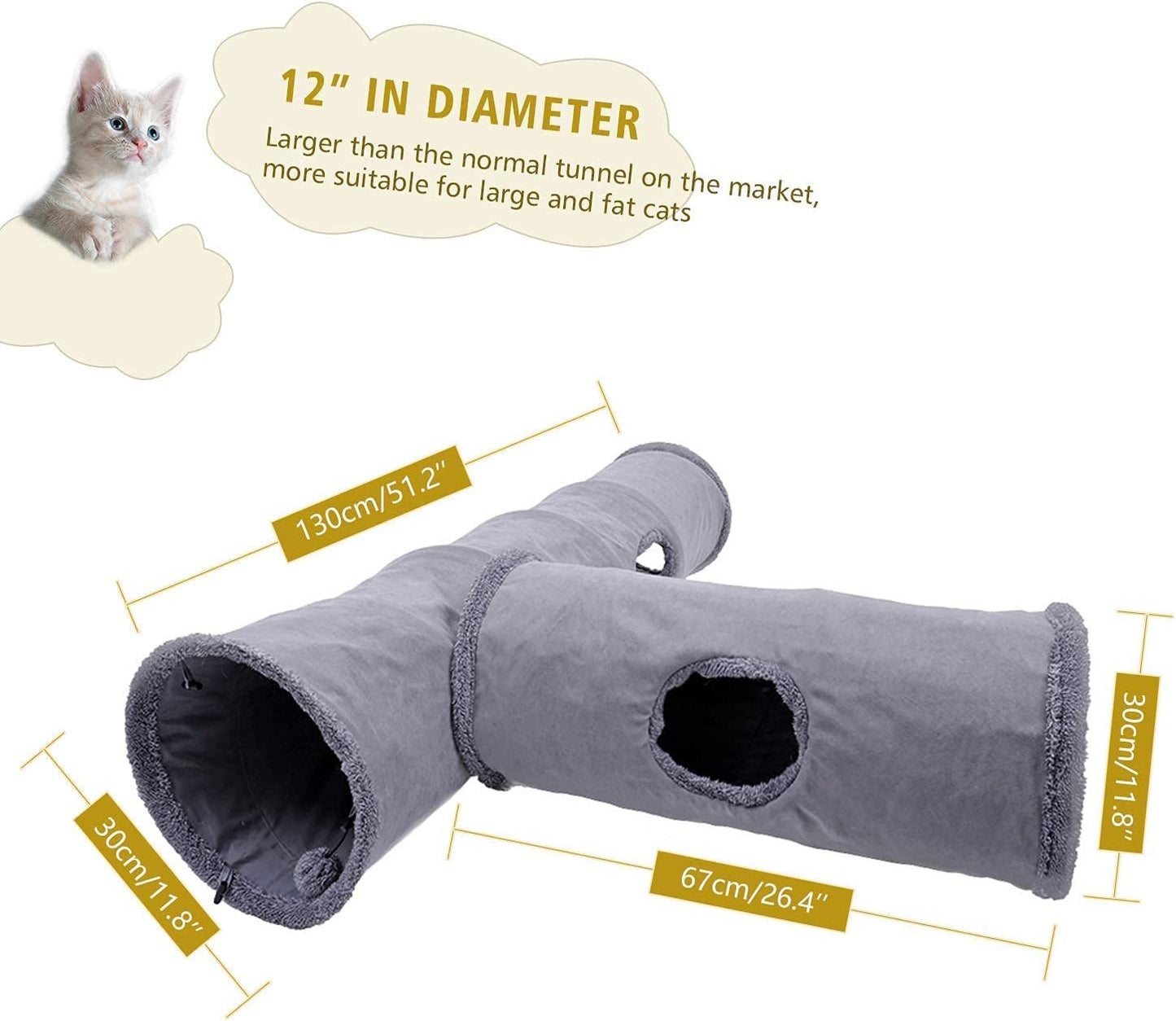 Collapsible Cat Tunnel, Cat Toys Play Tunnel Durable Suede Hideaway Pet Crinkle Tunnel with Ball M