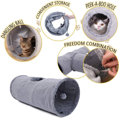 Collapsible Cat Tunnel, Cat Toys Play Tunnel Durable Suede Hideaway Pet Crinkle Tunnel with Ball M