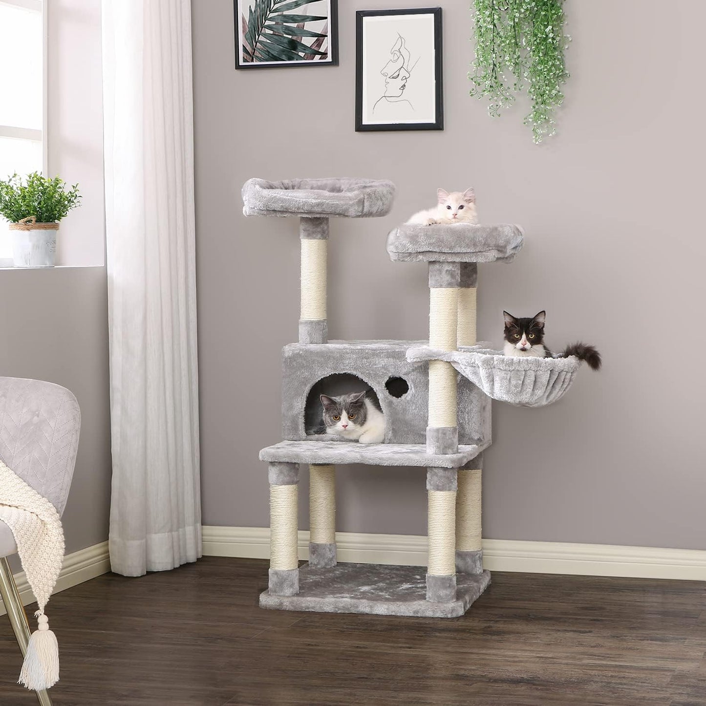 Cat Tree Cat Tower Top Plush Perches Cat Condo with Sisal Scratching Post Basket Kitty Stand Cat House Climbing Furniture MMJ52L